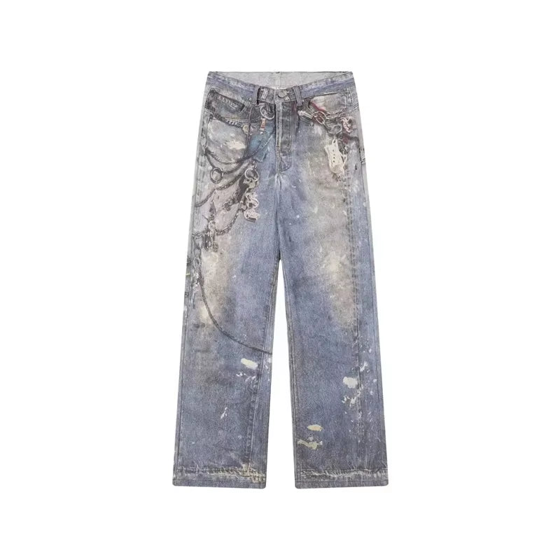 New 3D Chain Printed Baggy Jeans for Men and Women Casual Baggy Straight Denim Pants High Street Wide-Leg Y2K Blue Jean