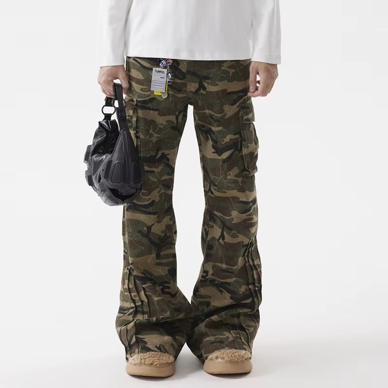 Pleated Deconstruction Flared Camouflage Cargo Pants Male American Niche Design Loose Casual Autumn Chic Trousers 28W4476