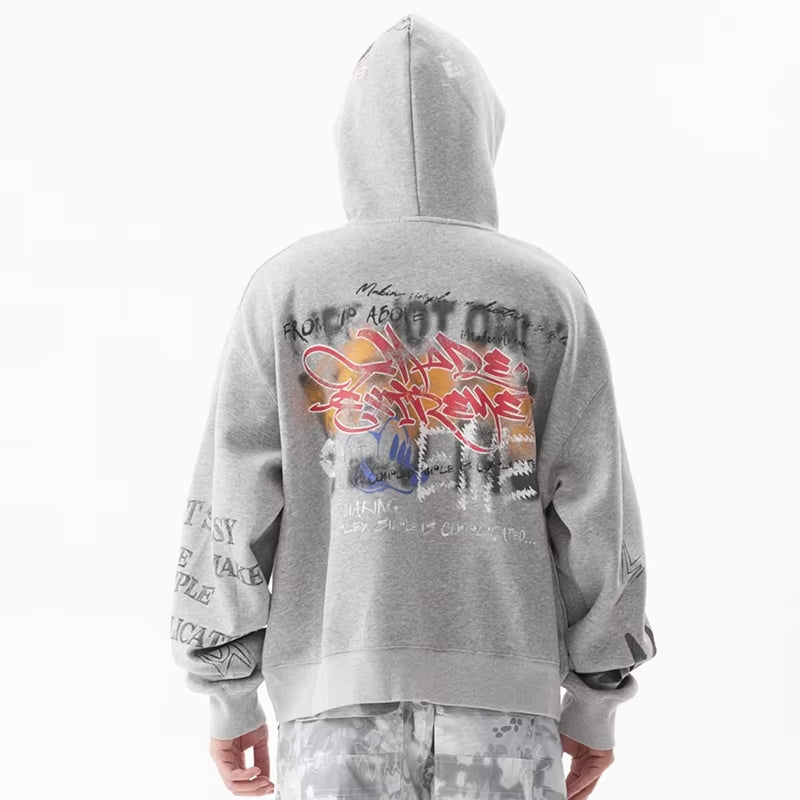 American Vintage Printting Zipper Design Hooded Sweatshirt Male Trendy Hip-Hop Street Short Cardigan Tops Spring 28W4408