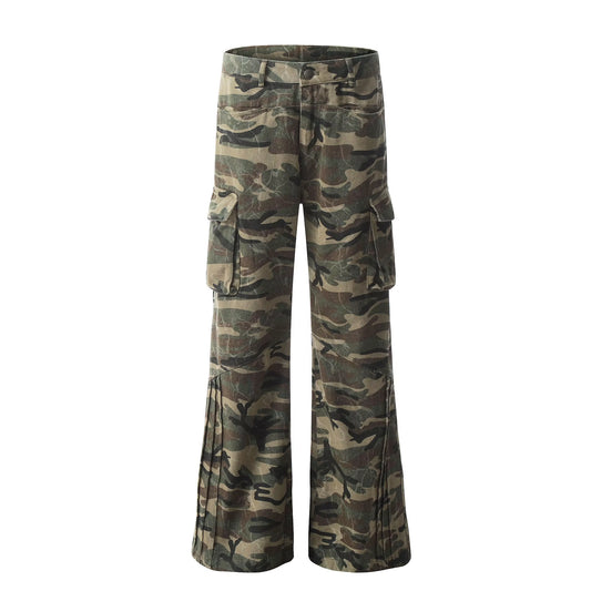 Pleated Deconstruction Flared Camouflage Cargo Pants Male American Niche Design Loose Casual Autumn Chic Trousers 28W4476