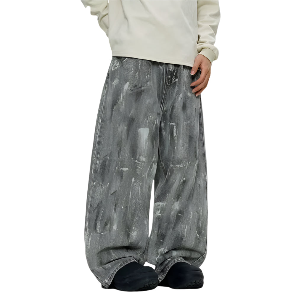 Painted Washed Distressed Jeans Mens Graffiti High Street Loose Wide Leg Denim Pants Men Trousers