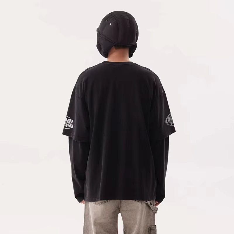 American Washed Dirty Dyed Fake Two Piece T-Shirt Men'S round Neck Long Sleeve Niche Letter Hip Hop Tops Street 28W5035