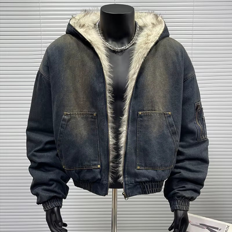 New Fashion Men'S Padded Jackets Denim Fleece Hooded Worn-Out Zipper Patchwork Loose Winter Male Clothing Stylish 24F1011