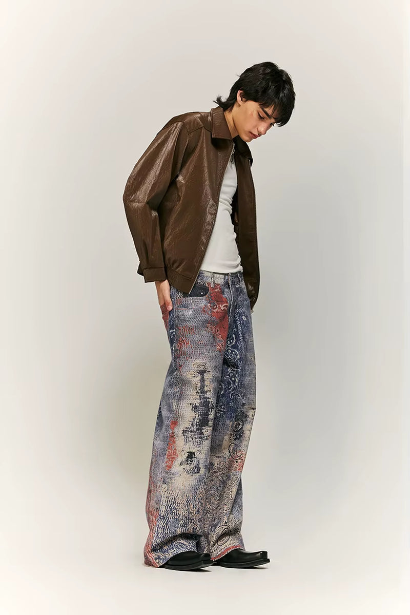 High Street Cashew Flower Digital Printed Denim Cargo Jeans Baggy Vintage Y2K Jeans