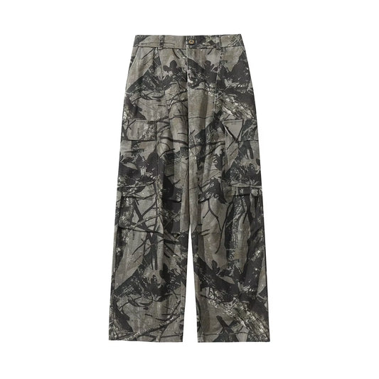 Vintage Leaf Pattern Camouflage Cargo Pants High Street Tide Design Tie-Dye Trousers Side Large Pockets Baggy Casual Pants