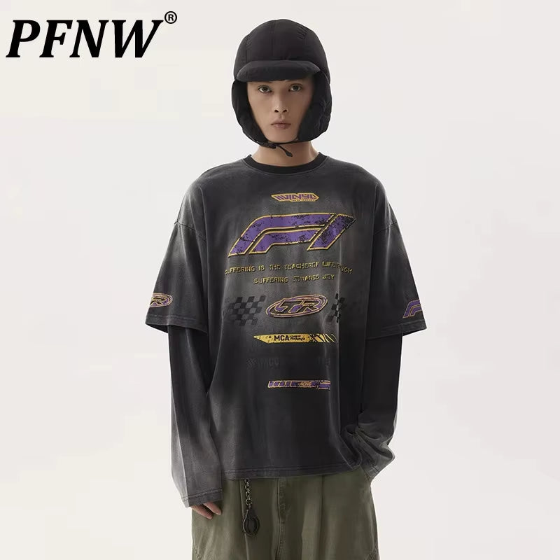 Washed Worn-Out Fake Two Piece T-Shirt Men'S American round Neck Long Sleeve Streetwear Letter Design Tops Trendy 28W5036