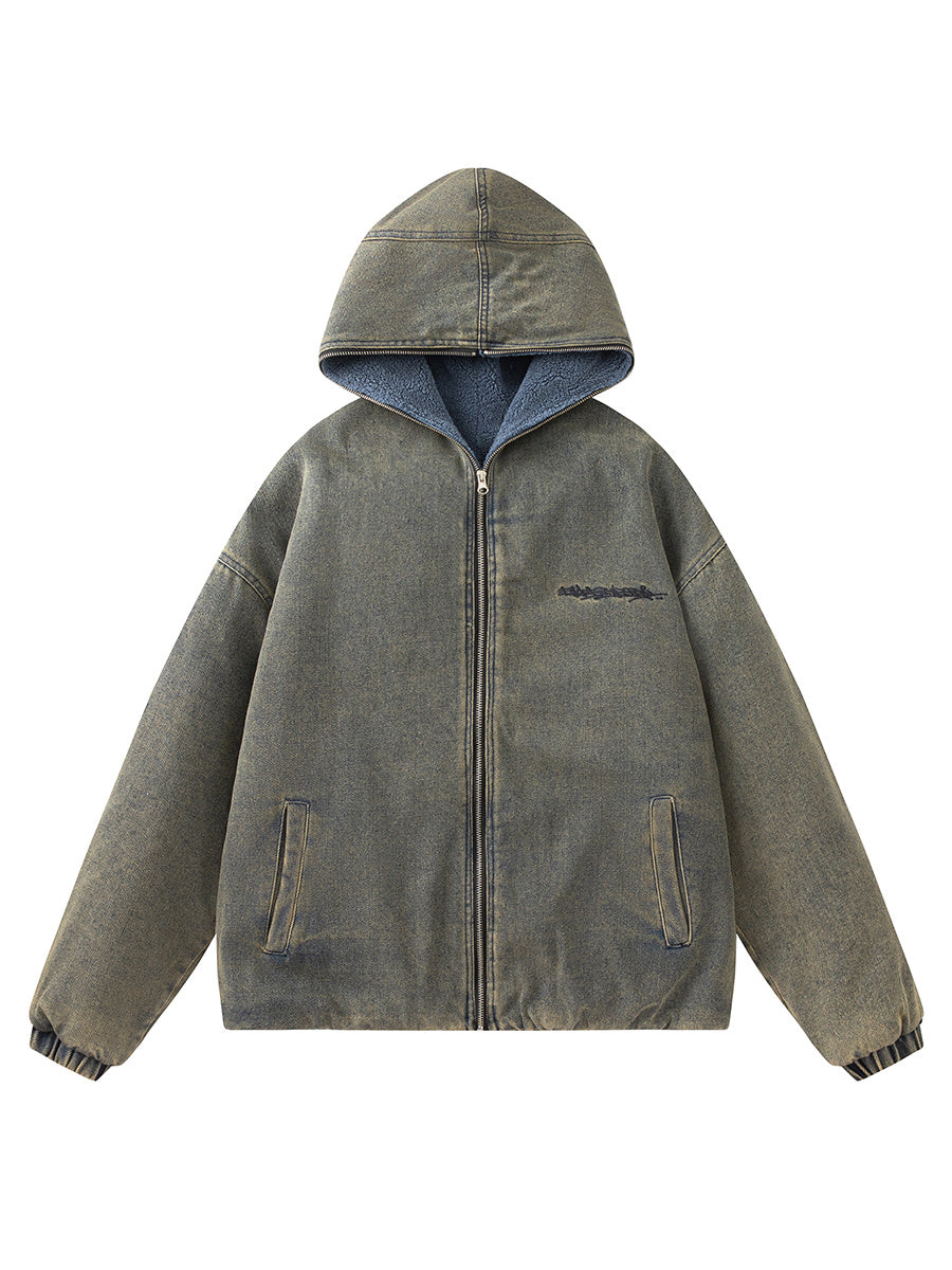 Thick Denim Lambskin Coat Hoodie