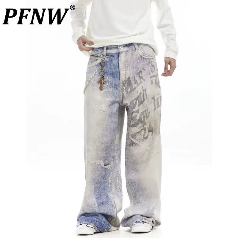 Niche Vintage Washed Distressed Digital 3D Print Loose Straight Jeans Men'S American Cleanfit Wide-Leg Denim Pants 28W5902