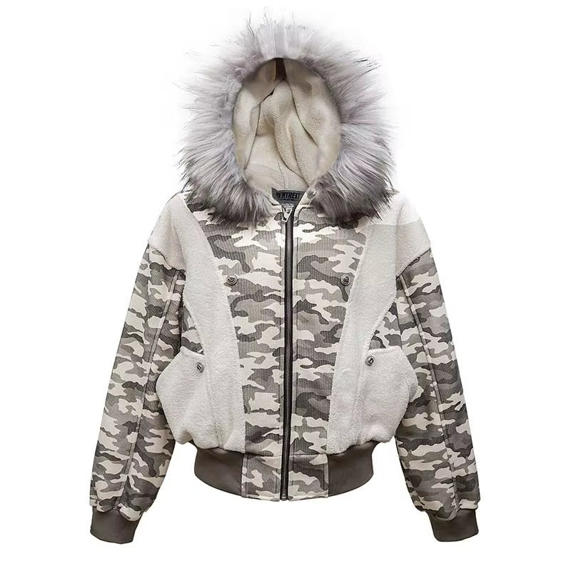 American Vintage Splicing Camouflage Fleece Padded Removable Fur Collar Cotton-Padded Coat Niche Short Parka Jacket 28W5795