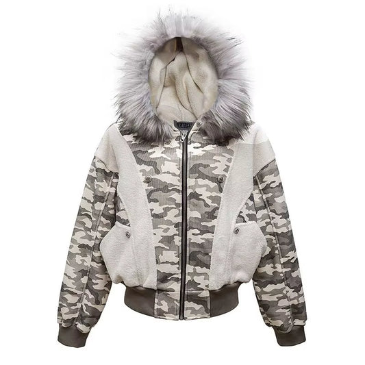 American Vintage Splicing Camouflage Fleece Padded Removable Fur Collar Cotton-Padded Coat Niche Short Parka Jacket 28W5795