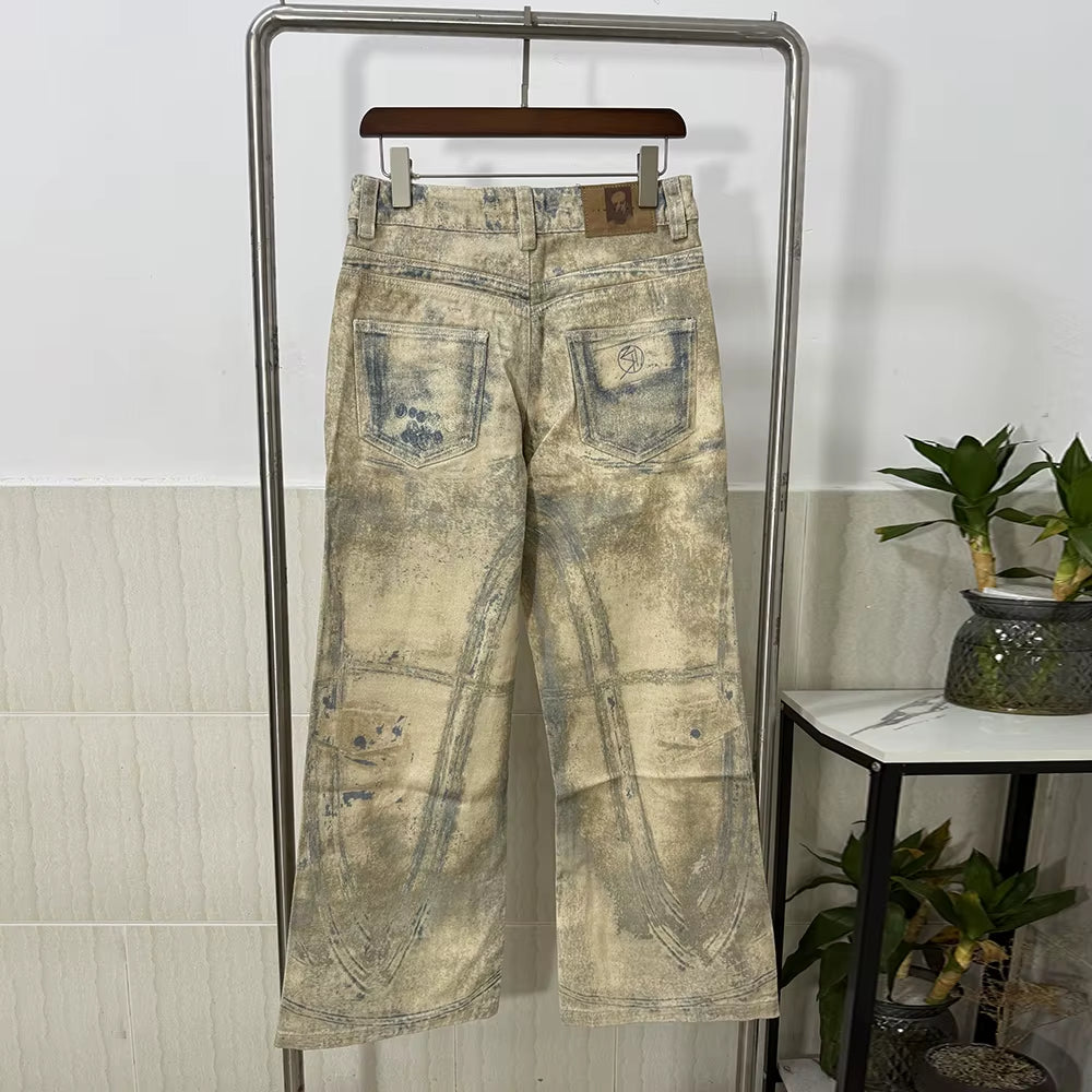 Niche 3D Graffiti Printted Micro Flared Khaki Jeans American Vintage Men'S Loose Casual Denim Trousers 2025 New 28W5716