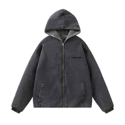 Thick Denim Lambskin Coat Hoodie