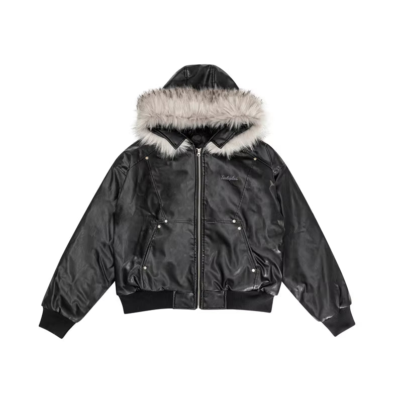 Men'S Detachable Fur Collar PU Leather Jacket Black Cotton-Padded Coat Cleanfit Oversized Silhouette Winter Clothes 28W5498