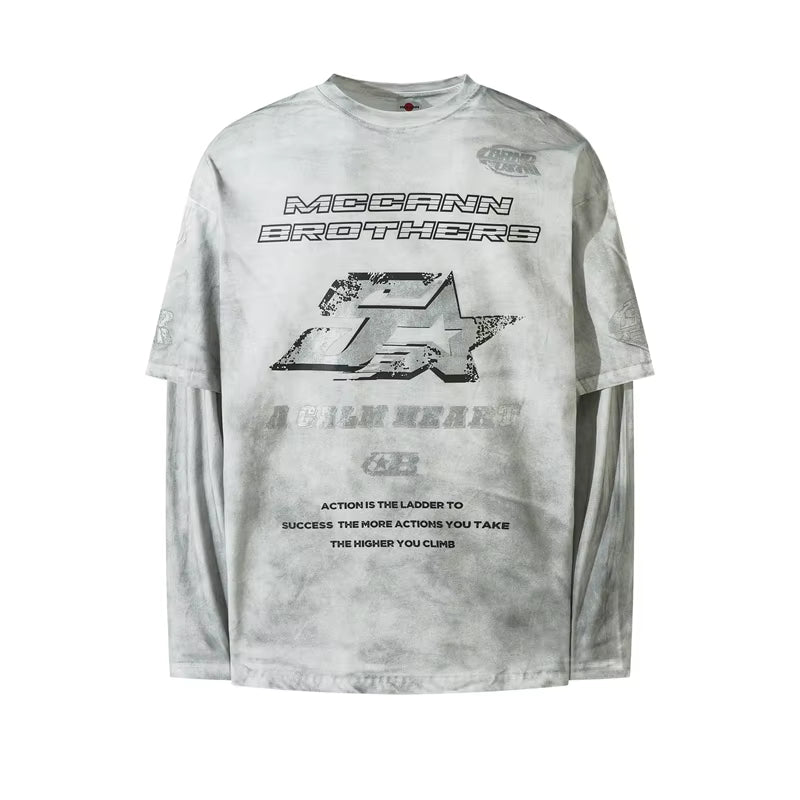 American Washed Dirty Dyed Fake Two Piece T-Shirt Men'S round Neck Long Sleeve Niche Letter Hip Hop Tops Street 28W5035