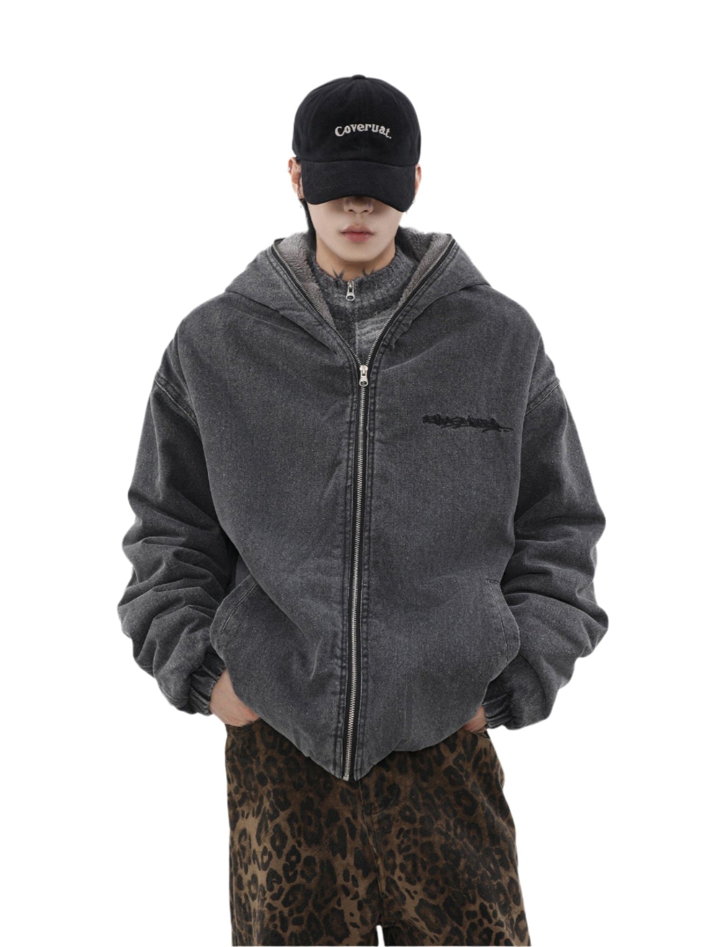 Thick Denim Lambskin Coat Hoodie