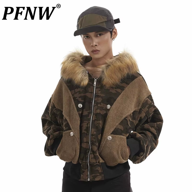 American Vintage Splicing Camouflage Fleece Padded Removable Fur Collar Cotton-Padded Coat Niche Short Parka Jacket 28W5795