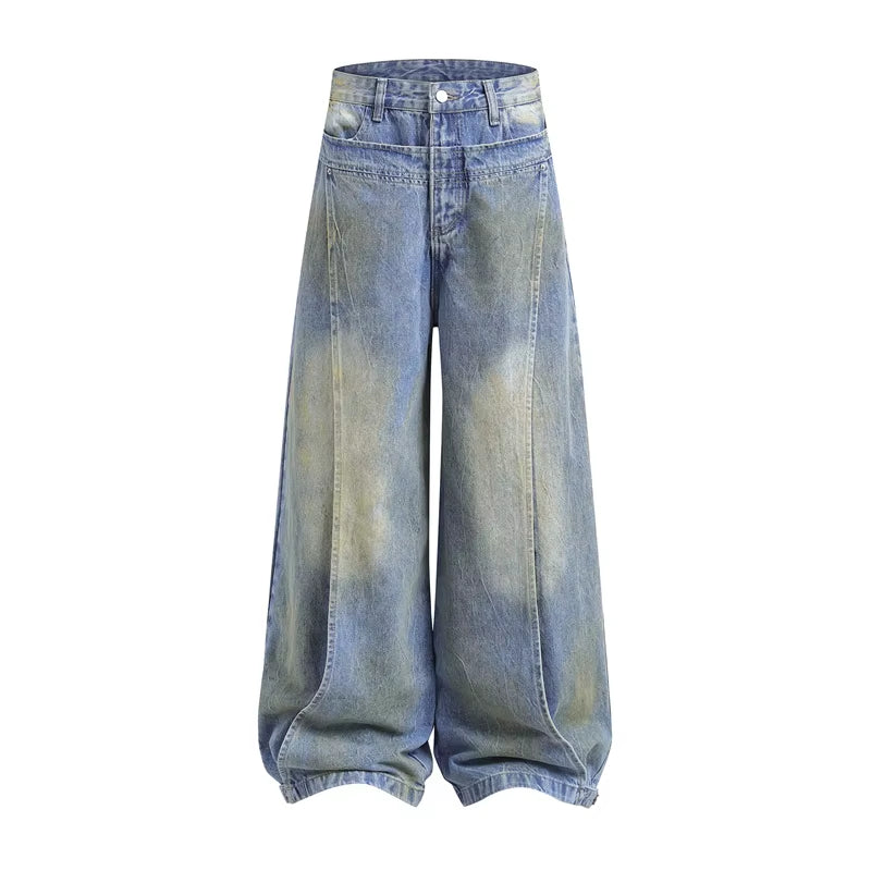 Male Spliced Die Dyed Deconstruction Jeans American Washed Wide Leg Trousers Niche Design Street Loose Pants Trend 28W4414