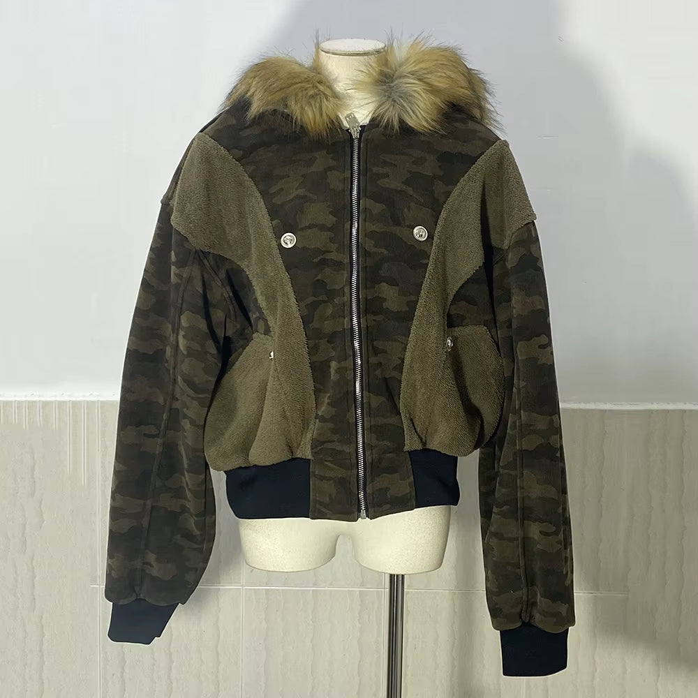 American Vintage Splicing Camouflage Fleece Padded Removable Fur Collar Cotton-Padded Coat Niche Short Parka Jacket 28W5795