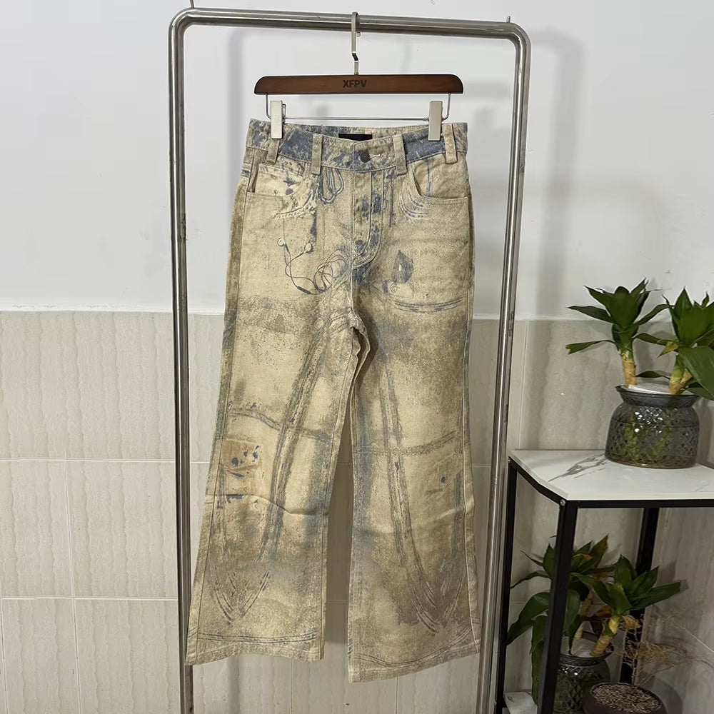 Niche 3D Graffiti Printted Micro Flared Khaki Jeans American Vintage Men'S Loose Casual Denim Trousers 2025 New 28W5716