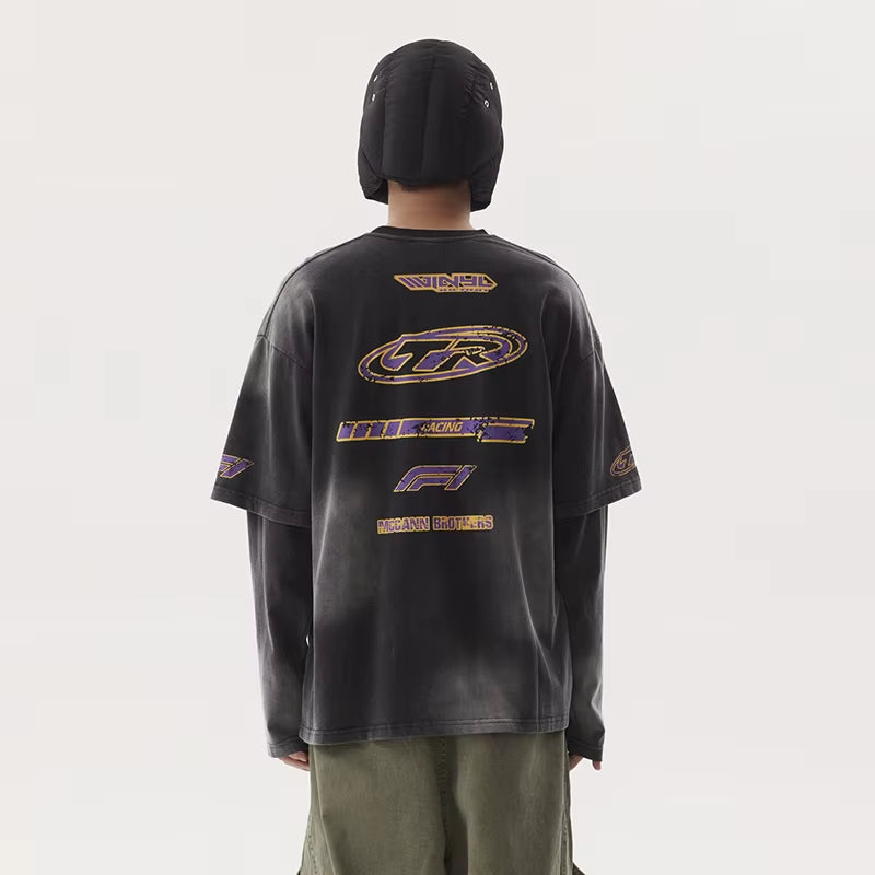 Washed Worn-Out Fake Two Piece T-Shirt Men'S American round Neck Long Sleeve Streetwear Letter Design Tops Trendy 28W5036