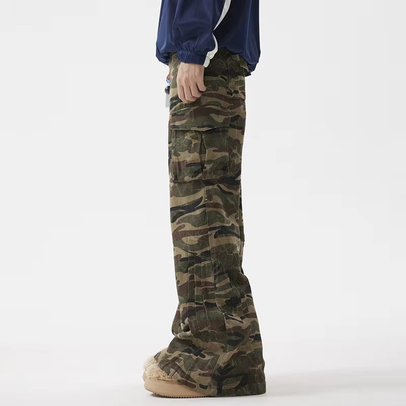 Pleated Deconstruction Flared Camouflage Cargo Pants Male American Niche Design Loose Casual Autumn Chic Trousers 28W4476