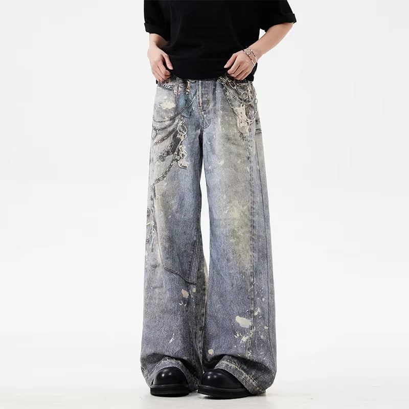 New 3D Chain Printed Baggy Jeans for Men and Women Casual Baggy Straight Denim Pants High Street Wide-Leg Y2K Blue Jean