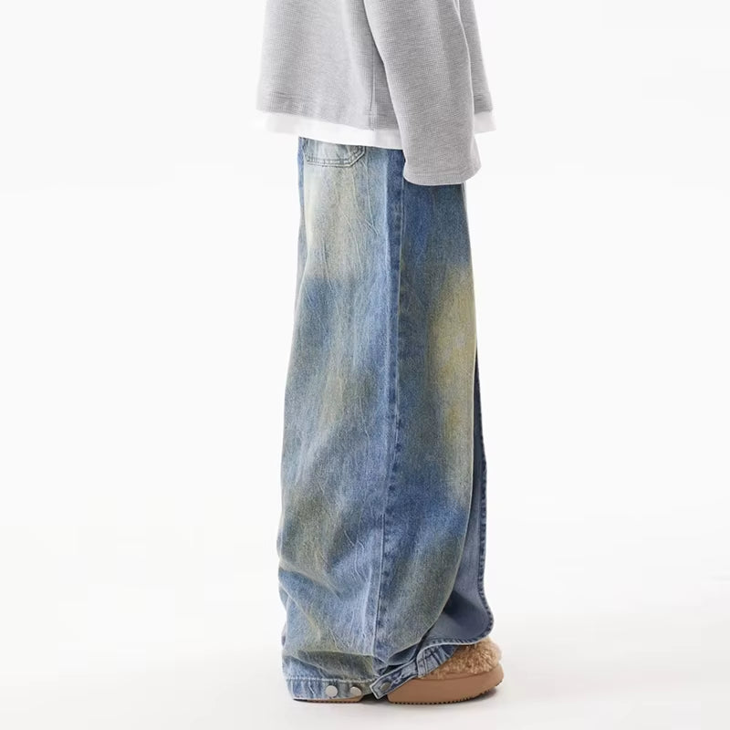 Male Spliced Die Dyed Deconstruction Jeans American Washed Wide Leg Trousers Niche Design Street Loose Pants Trend 28W4414