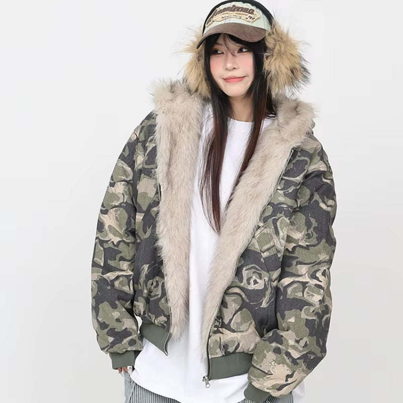 Plus Velvet Thicker Jackets Women Winter Warm Print Hooded Outwear Comfortable Ulzzamg Fashion Vintage Fluffy Personality Mujer