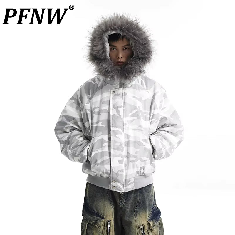 American Vintage Fur Collar Hooded Camouflage Short Men'S Cotton-Padded Coat Niche Design Quilted Padded Winter Tide Jacket