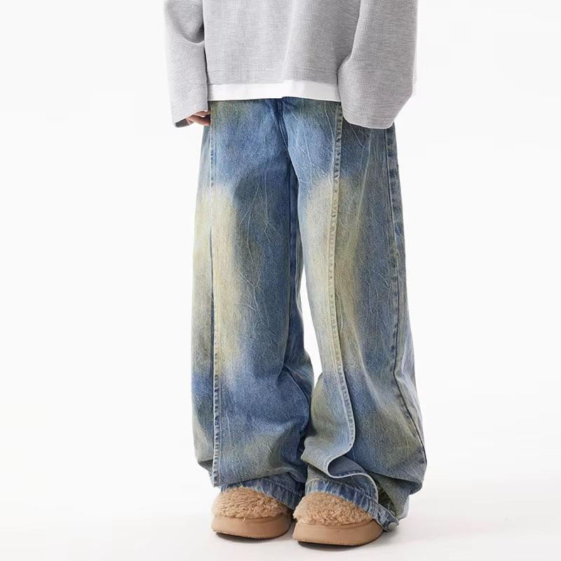 Male Spliced Die Dyed Deconstruction Jeans American Washed Wide Leg Trousers Niche Design Street Loose Pants Trend 28W4414