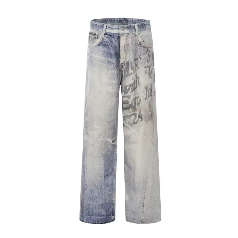 Niche Vintage Washed Distressed Digital 3D Print Loose Straight Jeans Men'S American Cleanfit Wide-Leg Denim Pants 28W5902