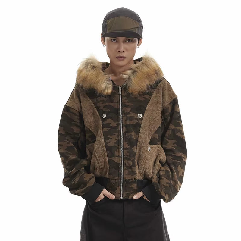 American Vintage Splicing Camouflage Fleece Padded Removable Fur Collar Cotton-Padded Coat Niche Short Parka Jacket 28W5795