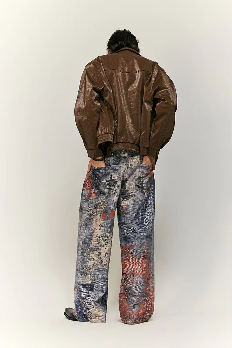 High Street Cashew Flower Digital Printed Denim Cargo Jeans Baggy Vintage Y2K Jeans