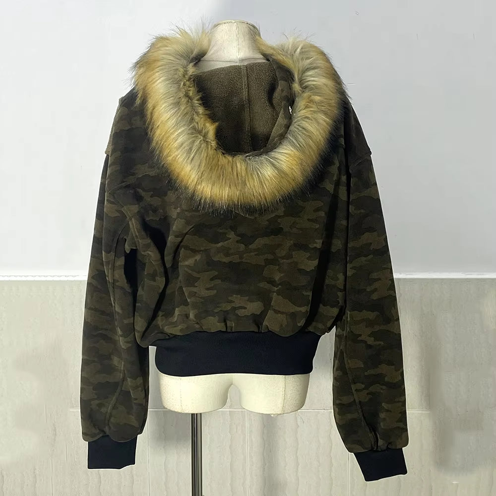 American Vintage Splicing Camouflage Fleece Padded Removable Fur Collar Cotton-Padded Coat Niche Short Parka Jacket 28W5795