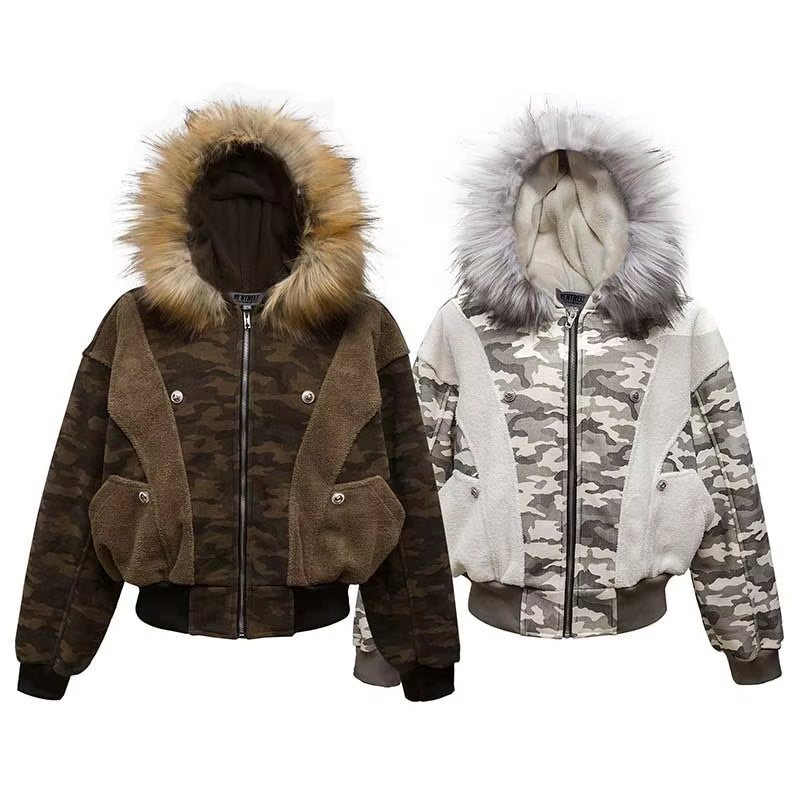 American Vintage Splicing Camouflage Fleece Padded Removable Fur Collar Cotton-Padded Coat Niche Short Parka Jacket 28W5795