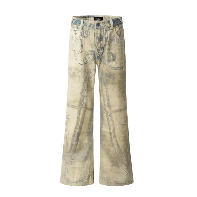 Niche 3D Graffiti Printted Micro Flared Khaki Jeans American Vintage Men'S Loose Casual Denim Trousers 2025 New 28W5716