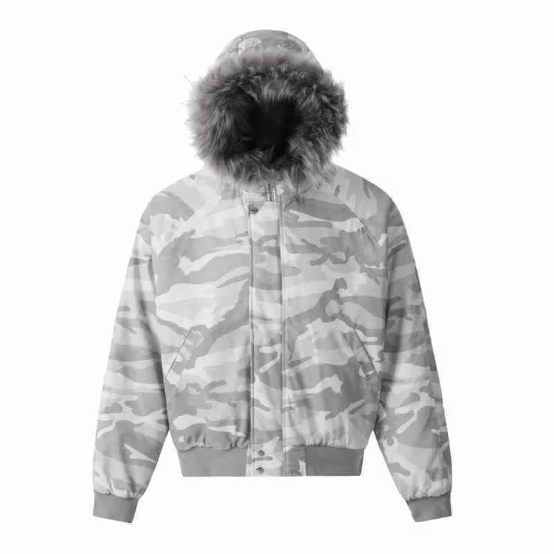 American Vintage Fur Collar Hooded Camouflage Short Men'S Cotton-Padded Coat Niche Design Quilted Padded Winter Tide Jacket