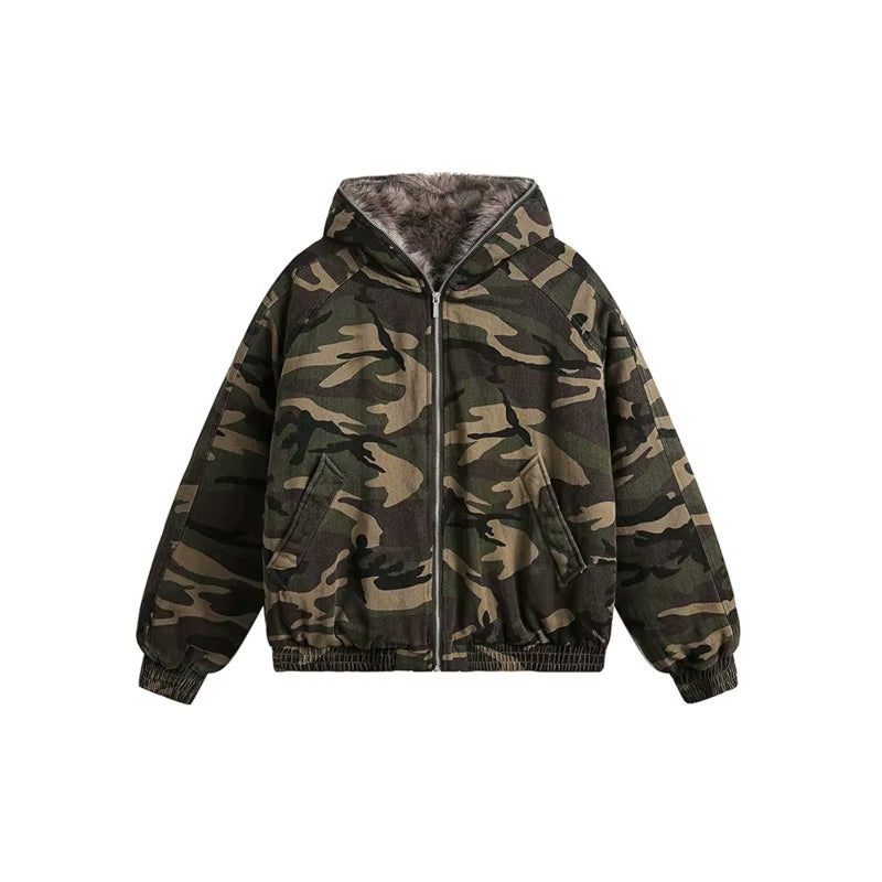 American Style Men'S Padded Jackets Loose Fleece Camouflage Thickened Casual Zipper Hooded Male Coats New Tide 2024 CPG2404