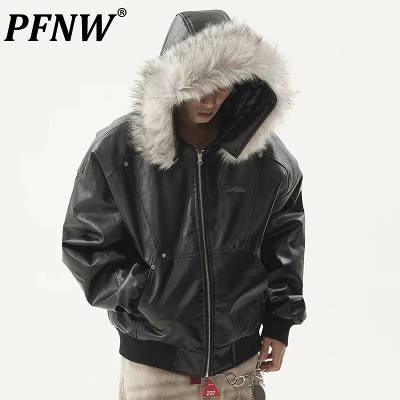 Men'S Detachable Fur Collar PU Leather Jacket Black Cotton-Padded Coat Cleanfit Oversized Silhouette Winter Clothes 28W5498