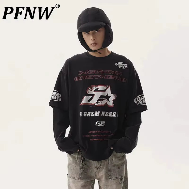 American Washed Dirty Dyed Fake Two Piece T-Shirt Men'S round Neck Long Sleeve Niche Letter Hip Hop Tops Street 28W5035