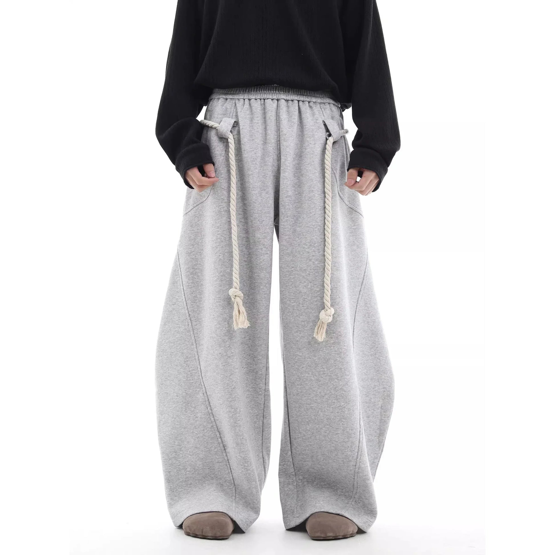 Baggy Sweatpants Men Wide Leg Gray Long Drawstring Casual Baggy Joggers Pants Curved Blade Type Design Lantern Pants Oversized