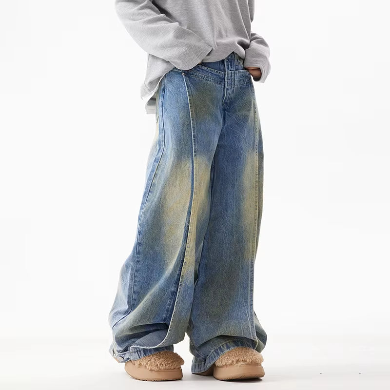 Male Spliced Die Dyed Deconstruction Jeans American Washed Wide Leg Trousers Niche Design Street Loose Pants Trend 28W4414