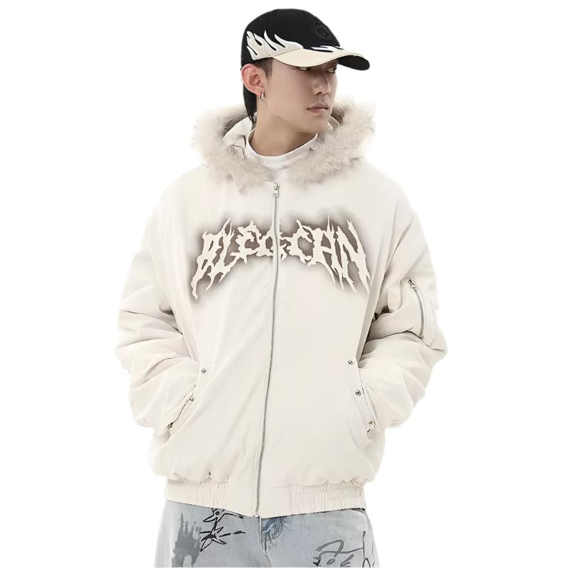 American High Street Letter Print Fur Collar Quilted Padded Jacket Men'S Winter Parka Hooded Cotton-Padded Coat CPG2192