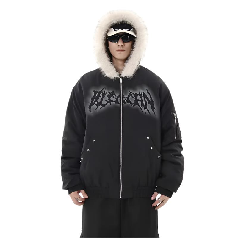 American High Street Letter Print Fur Collar Quilted Padded Jacket Men'S Winter Parka Hooded Cotton-Padded Coat CPG2192