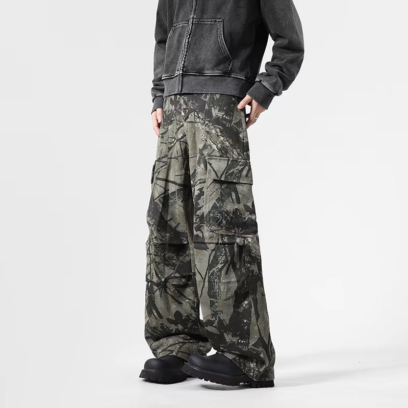 Vintage Leaf Pattern Camouflage Cargo Pants High Street Tide Design Tie-Dye Trousers Side Large Pockets Baggy Casual Pants