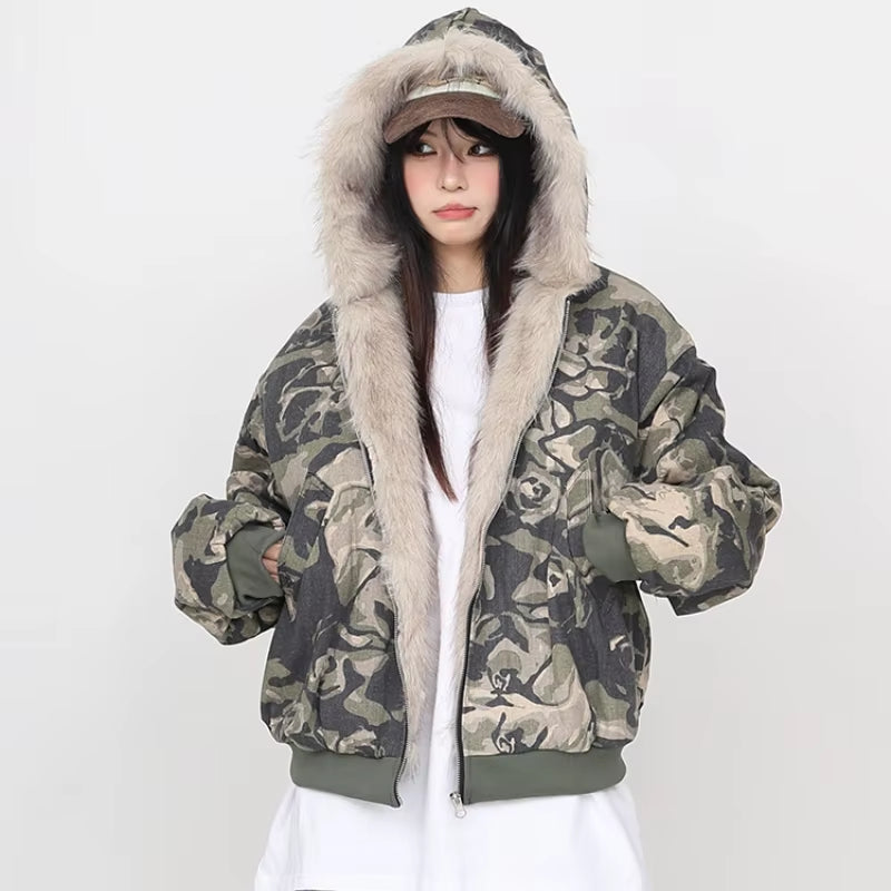 Plus Velvet Thicker Jackets Women Winter Warm Print Hooded Outwear Comfortable Ulzzamg Fashion Vintage Fluffy Personality Mujer