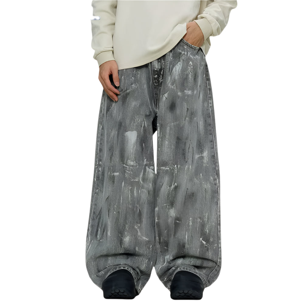 Painted Washed Distressed Jeans Mens Graffiti High Street Loose Wide Leg Denim Pants Men Trousers