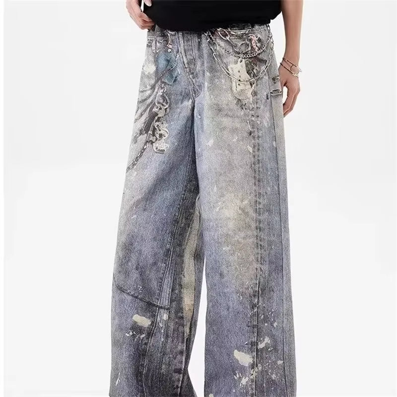 New 3D Chain Printed Baggy Jeans for Men and Women Casual Baggy Straight Denim Pants High Street Wide-Leg Y2K Blue Jean