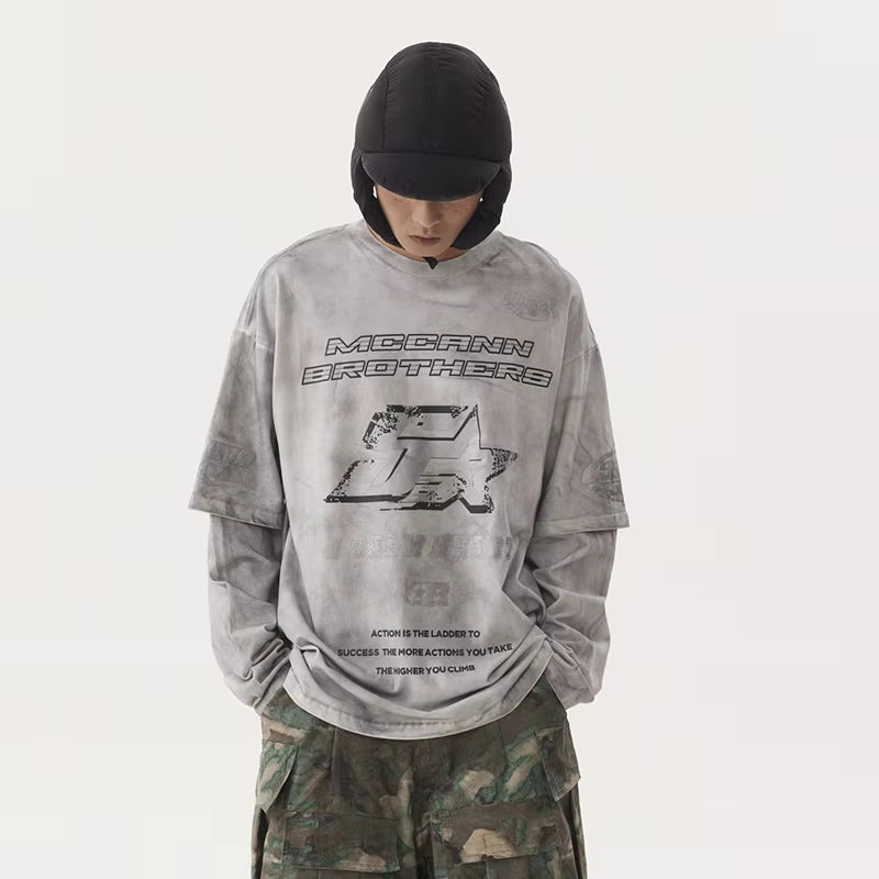 American Washed Dirty Dyed Fake Two Piece T-Shirt Men'S round Neck Long Sleeve Niche Letter Hip Hop Tops Street 28W5035