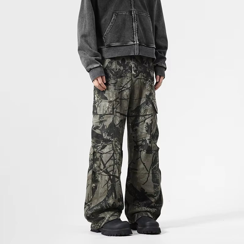 Vintage Leaf Pattern Camouflage Cargo Pants High Street Tide Design Tie-Dye Trousers Side Large Pockets Baggy Casual Pants